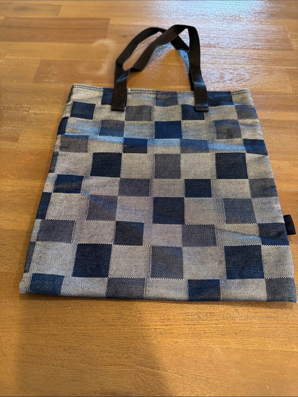 Blue Check Canvas Tote Bag with Black Handles